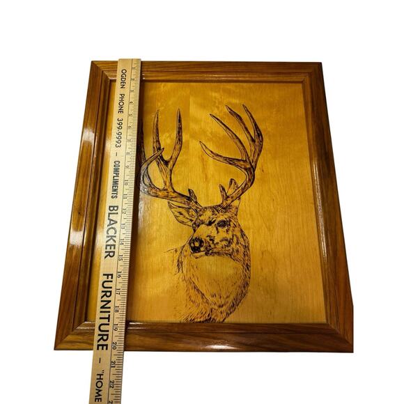 Vintage Wood Burning Deer Buck Rustic Wood Gallery Art Cabin Pyrography 20x18 - Picture 3 of 6